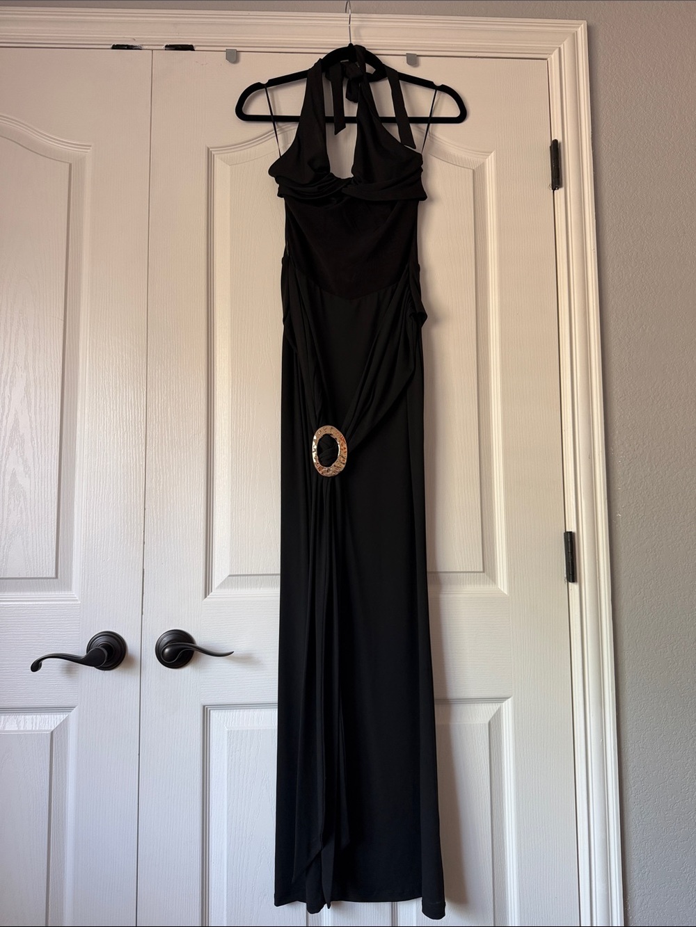 Black Halter Maxi Dress with Gold Ring Accent